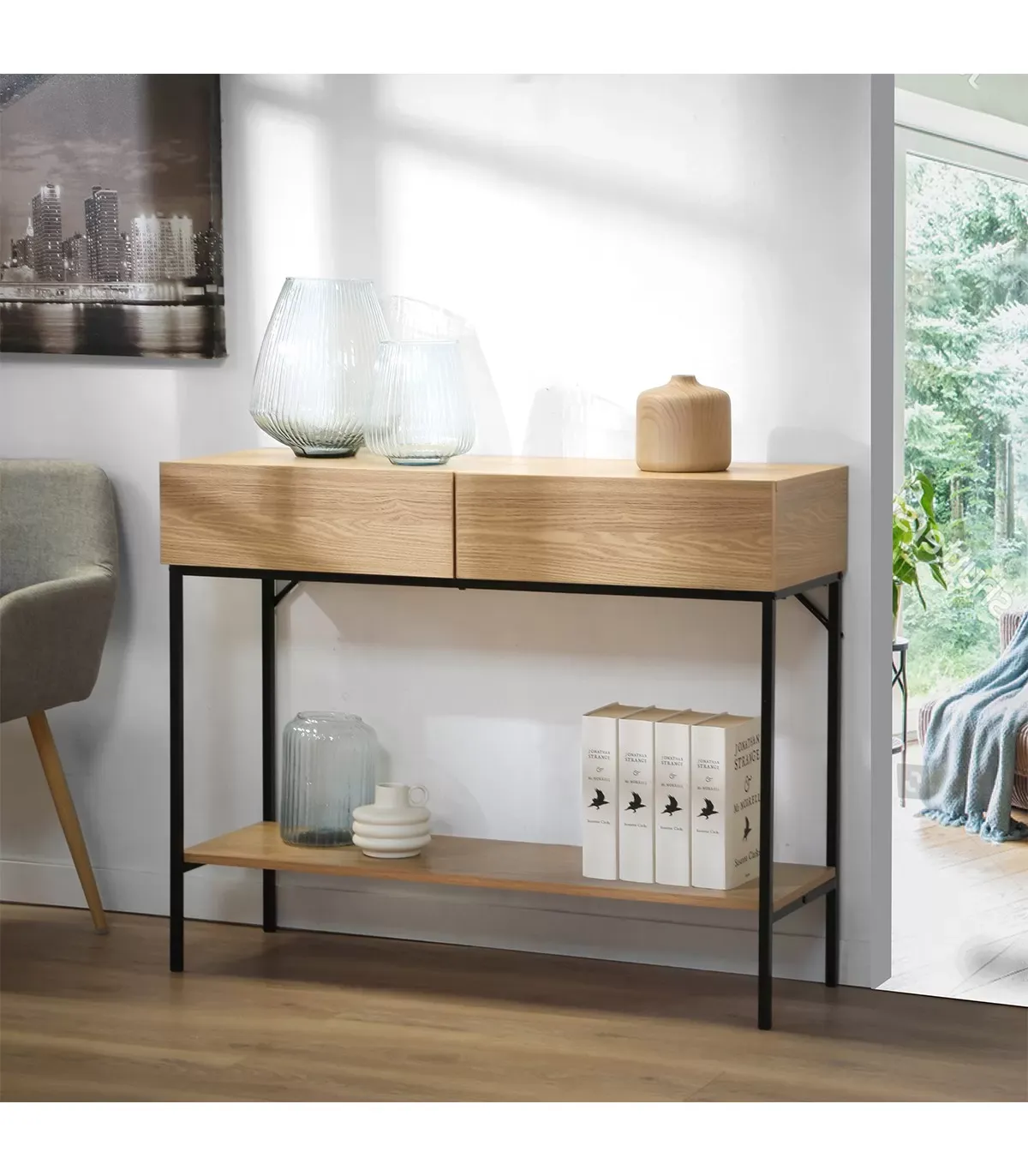 Illustration numéro 2 du produit Console 2 Tiroirs 1 Tablette Effet Bois - L100 x H81 cm