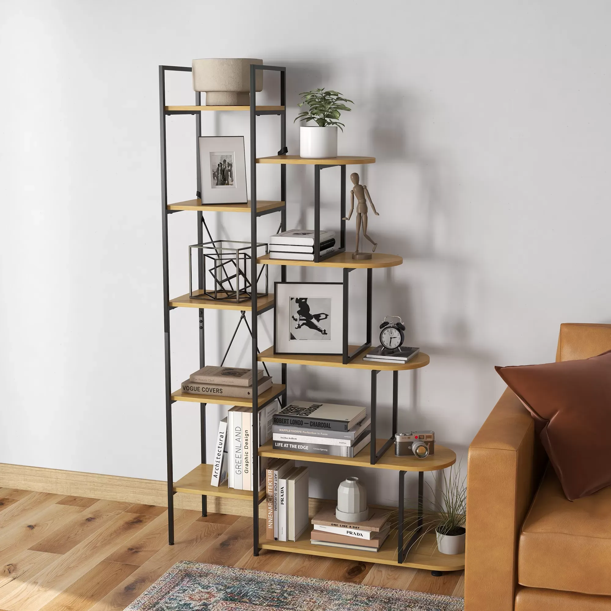 Illustration numéro 2 du produit Bibliothèque style industriel - 10 étagères - bois clair acier noir