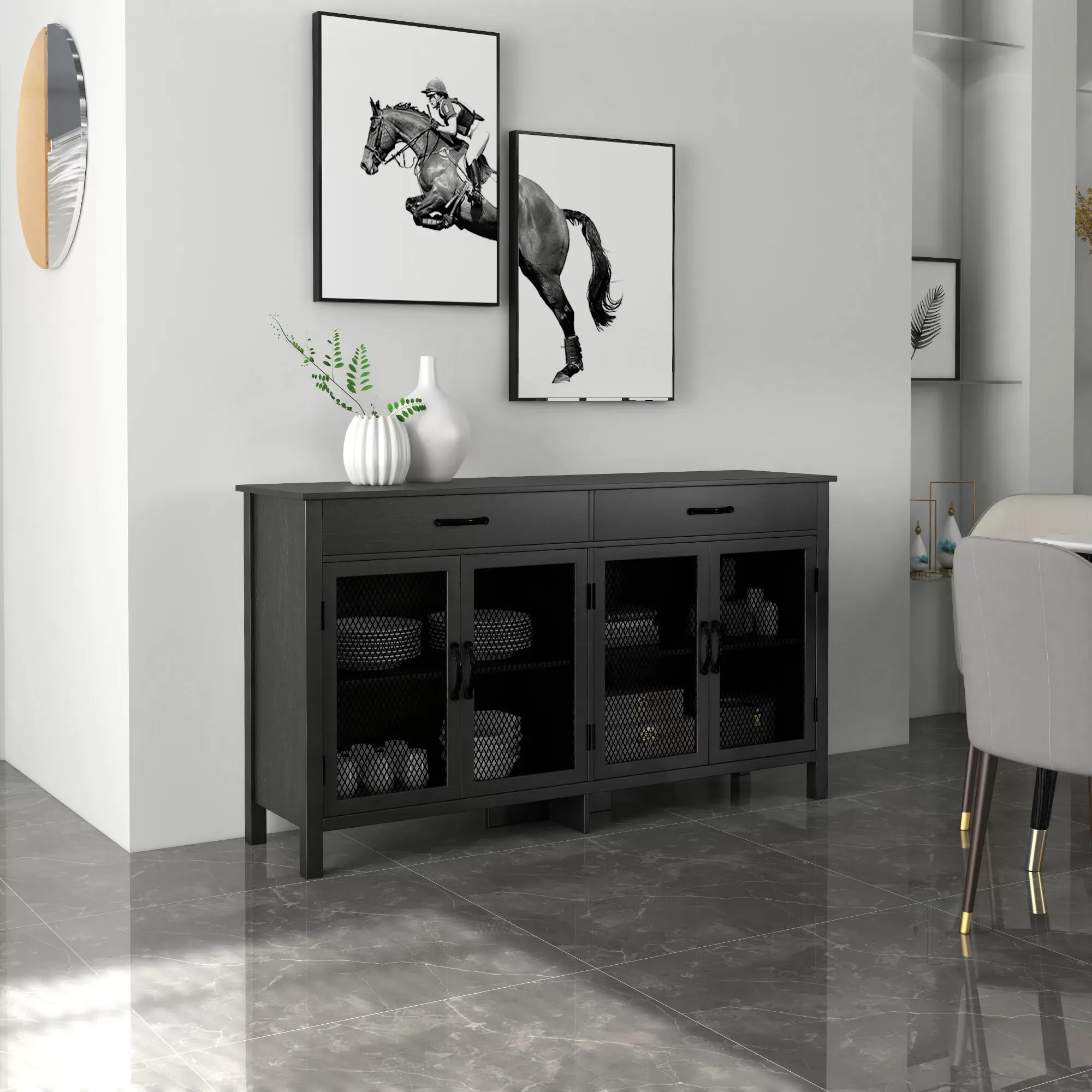 Illustration numéro 2 du produit Buffet design industriel - 4 portes, 2 étagères, 2 tiroirs - noir