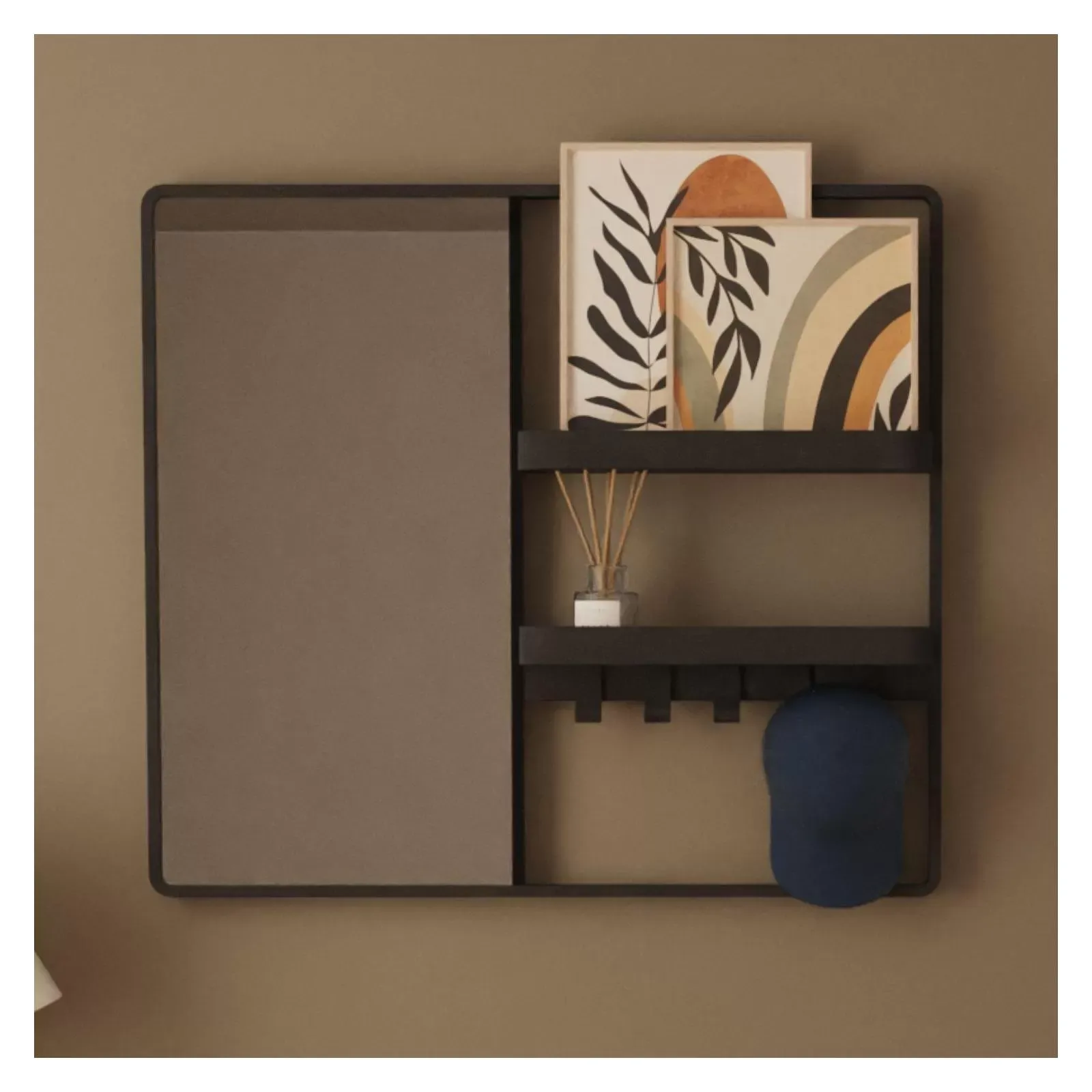 Illustration numéro 2 du produit Miroir d'entrée en métal noir 90x80cm - avec rangement et patères