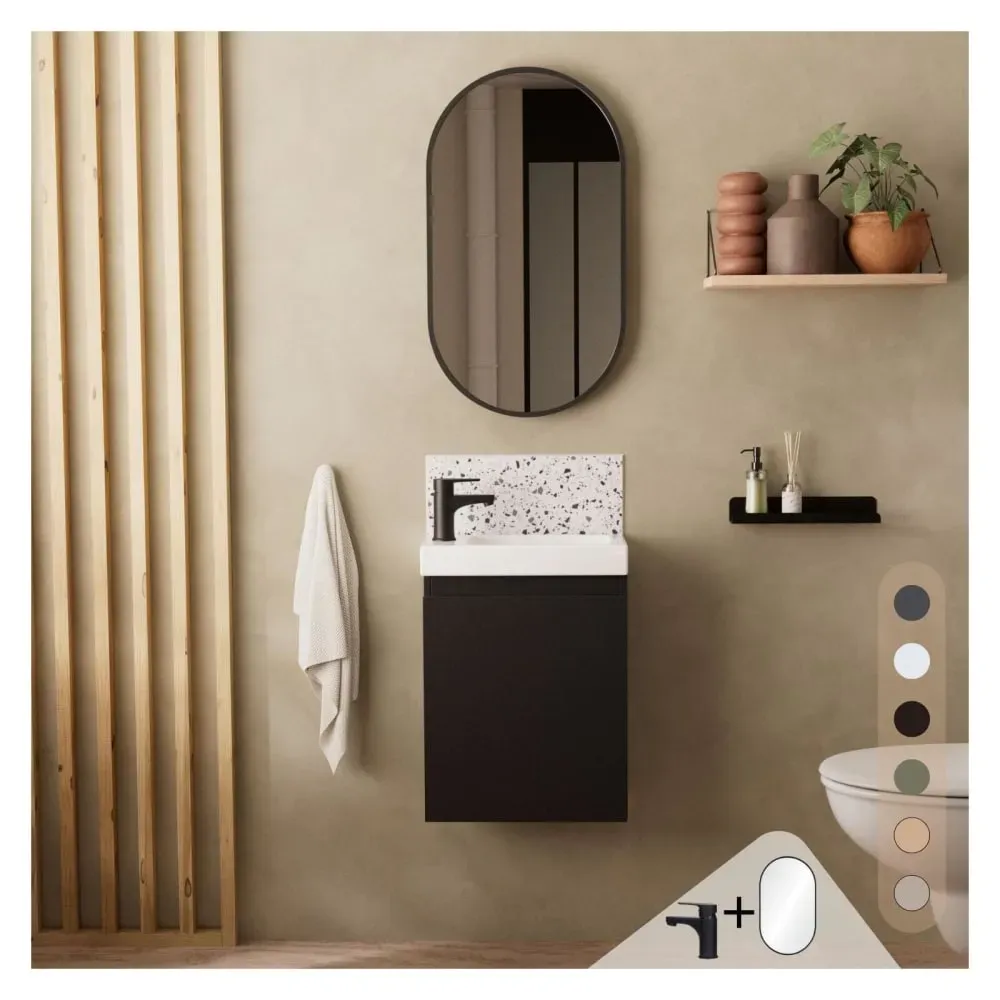 Illustration numéro 2 du produit Meuble lave-mains  + robinet noir + miroir ovale