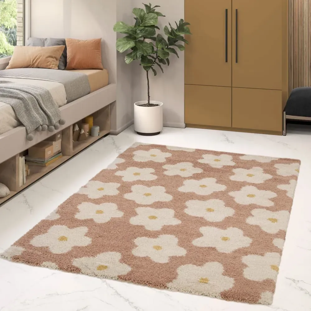 Illustration numéro 2 du produit Tapis contemporain à motif floral - 160x230cm Vieux rose Polypropylène