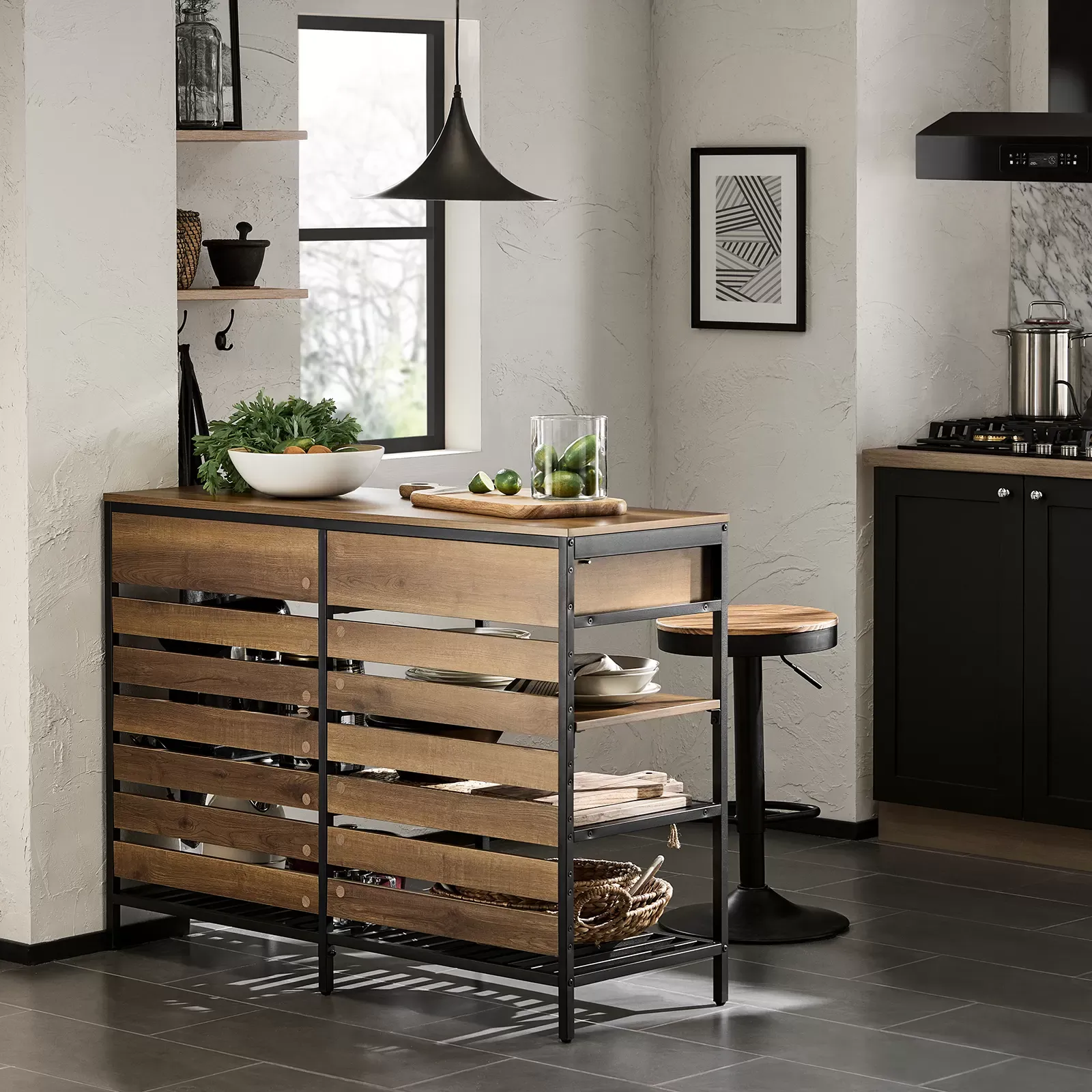 Illustration numéro 2 du produit Table de comptoir 2 tiroirs et 3 étagères effet bois et métal noir