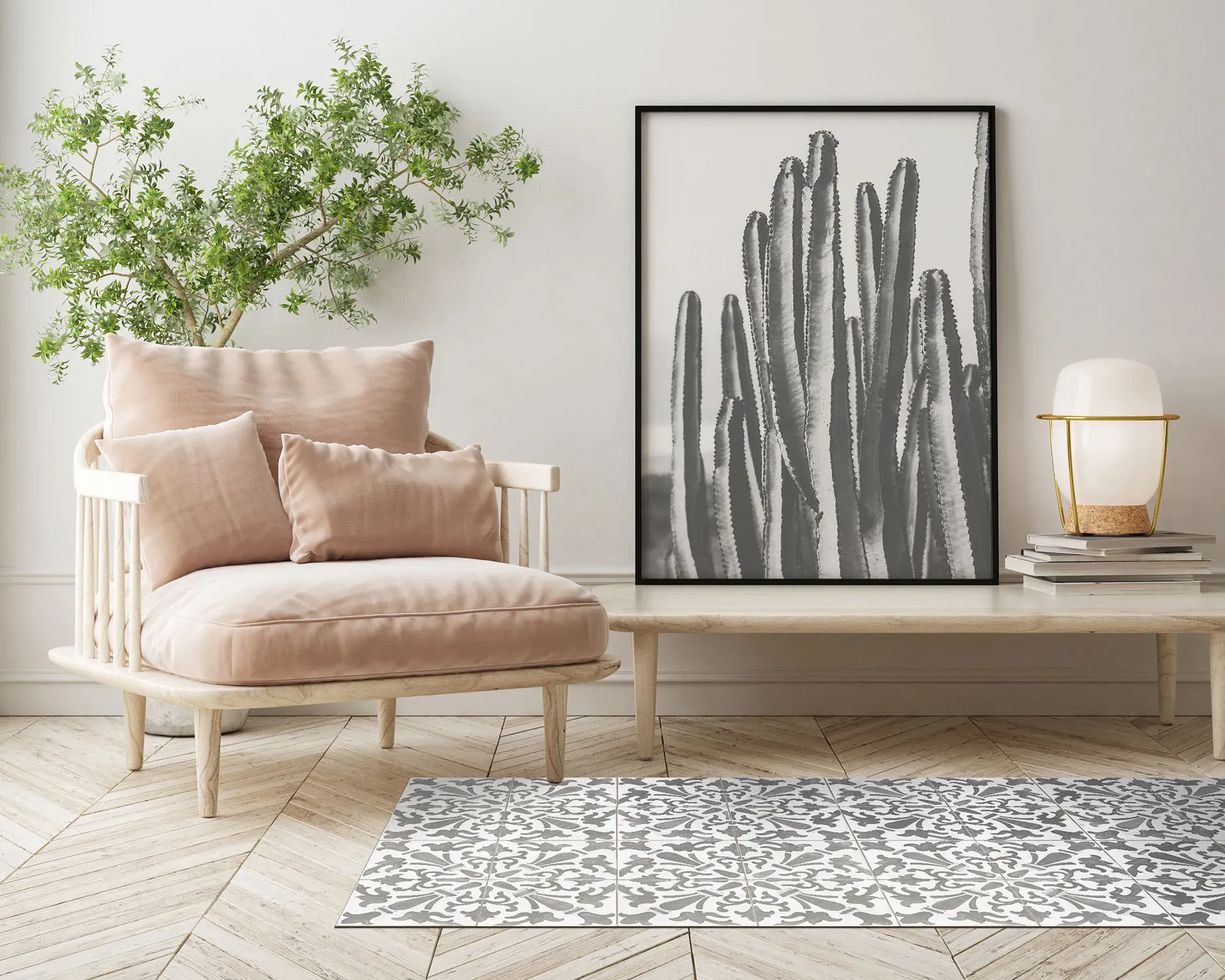 Illustration numéro 2 du produit Tapis vinyle carreaux ciments géométrique gris 200x200cm