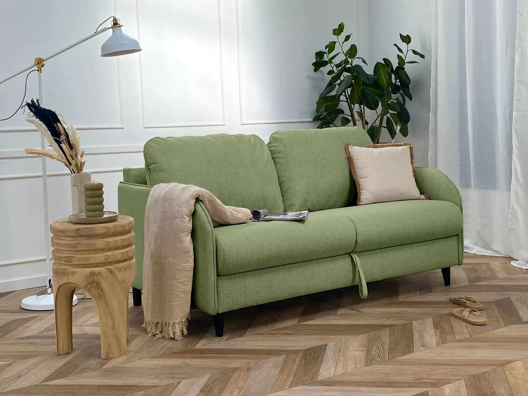 Illustration numéro 2 du produit Canapé droit convertible 3 places en tissu vert sauge