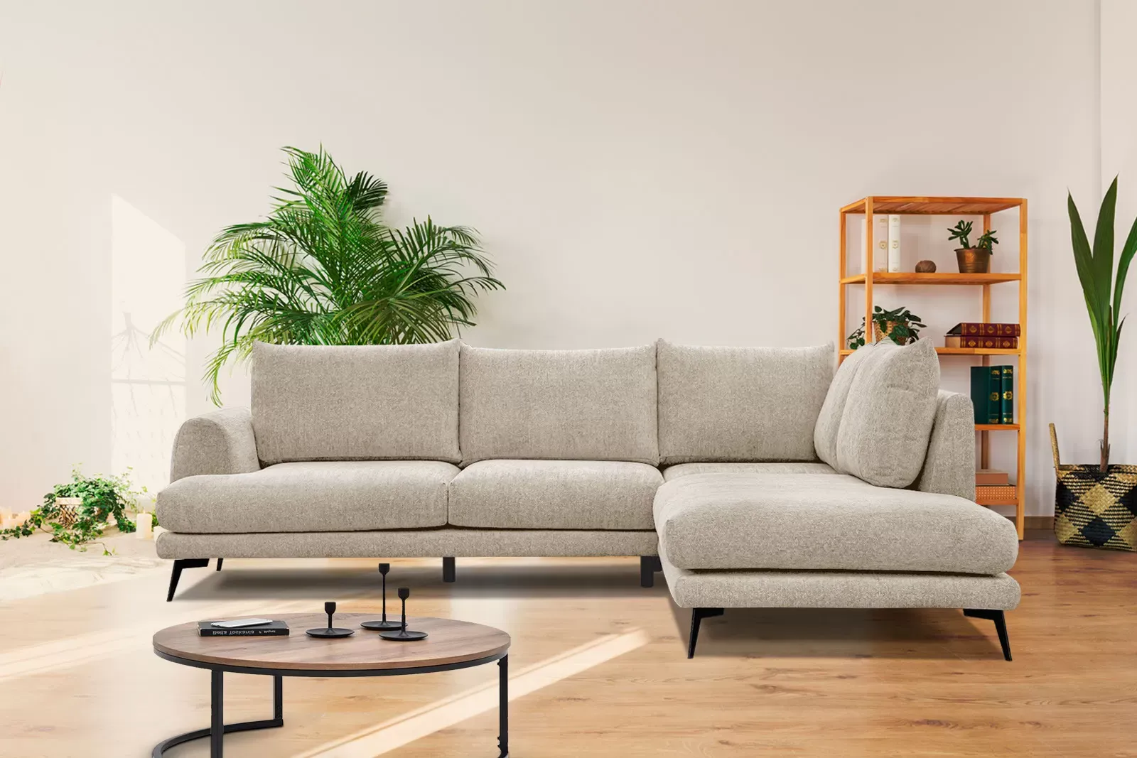 Illustration numéro 2 du produit Canapé d'angle droit 5 places tissu beige