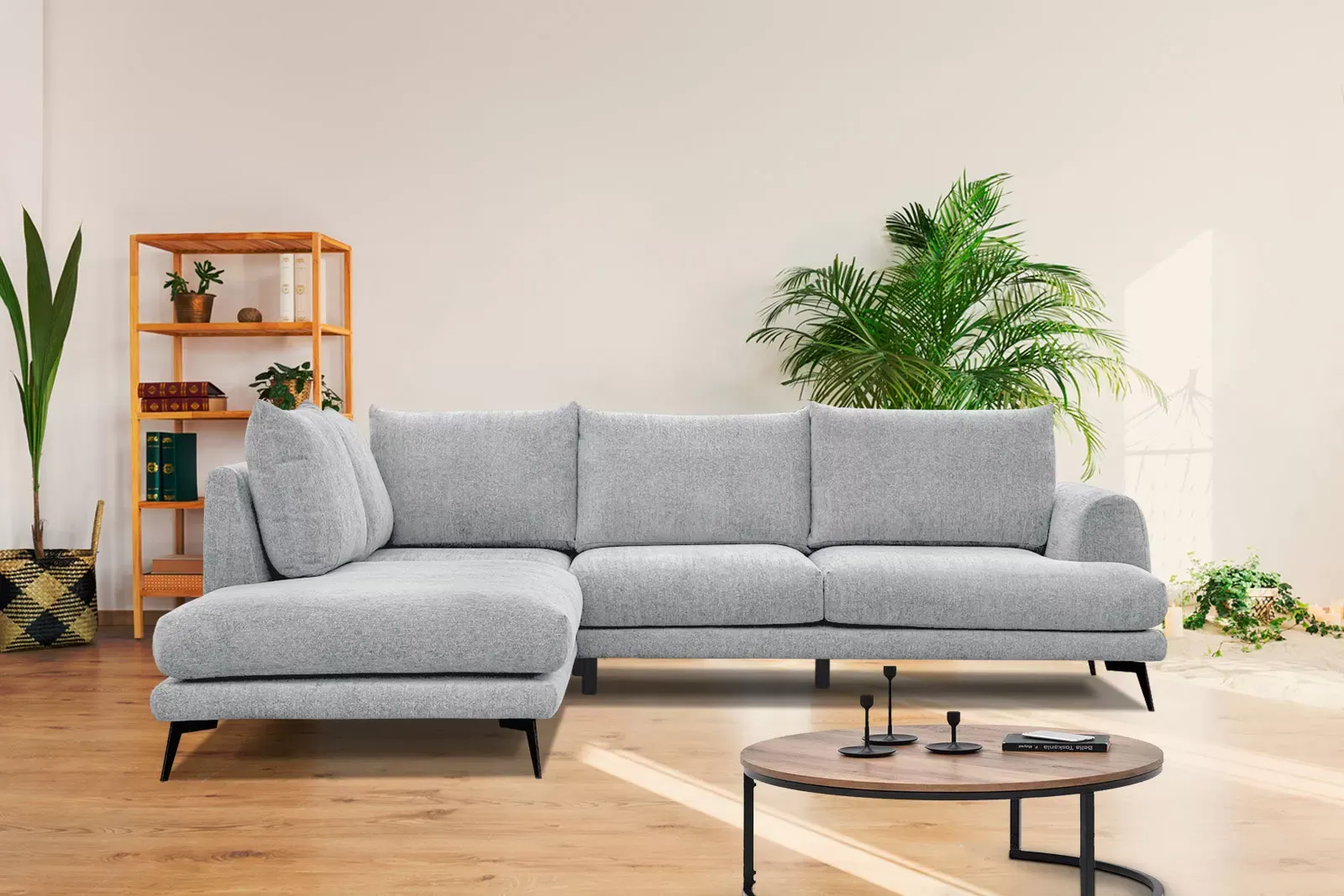 Illustration numéro 2 du produit Canapé d'angle gauche 5 places tissu gris clair