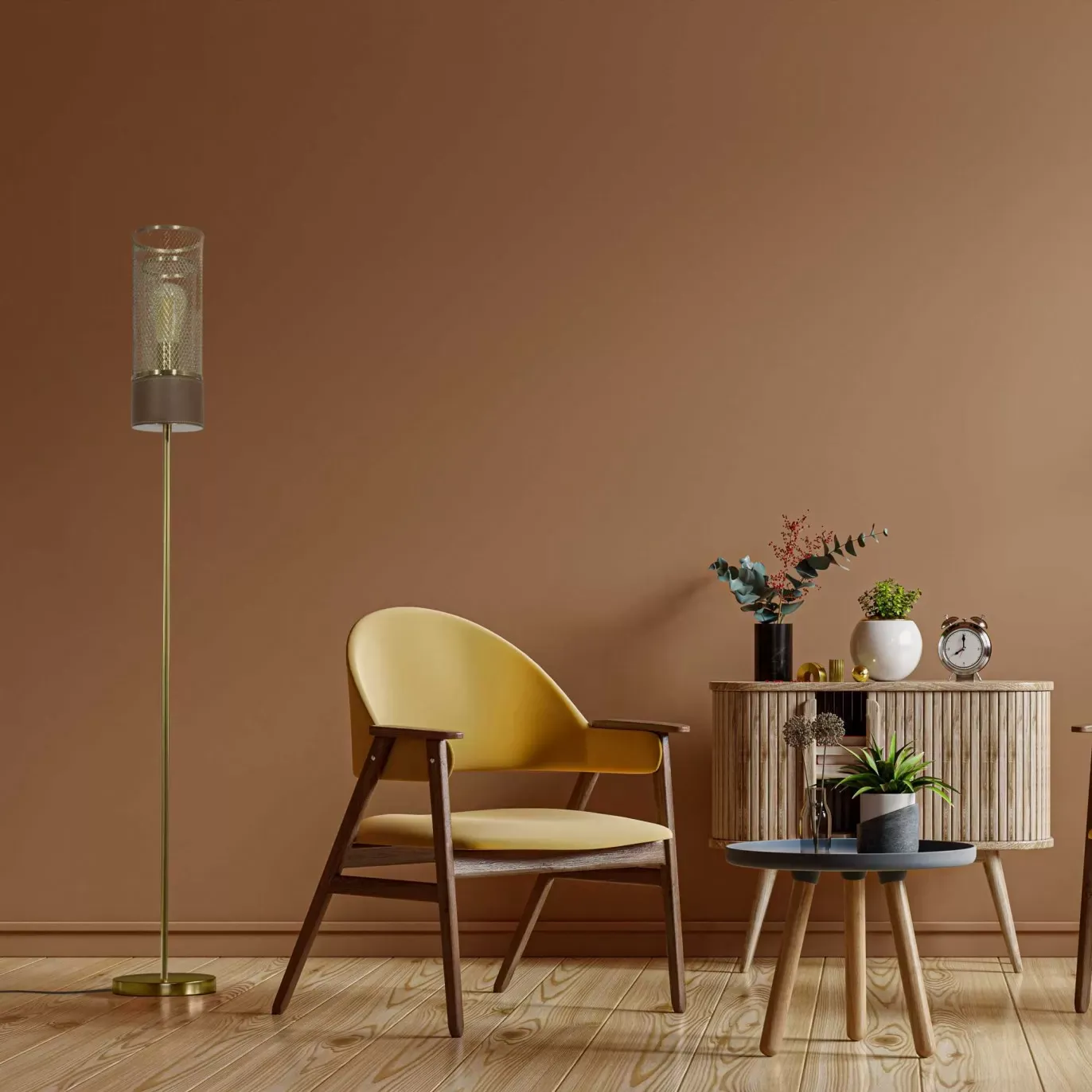 Illustration numéro 2 du produit Lampadaire en métal grillagé doré et simili cuir marron