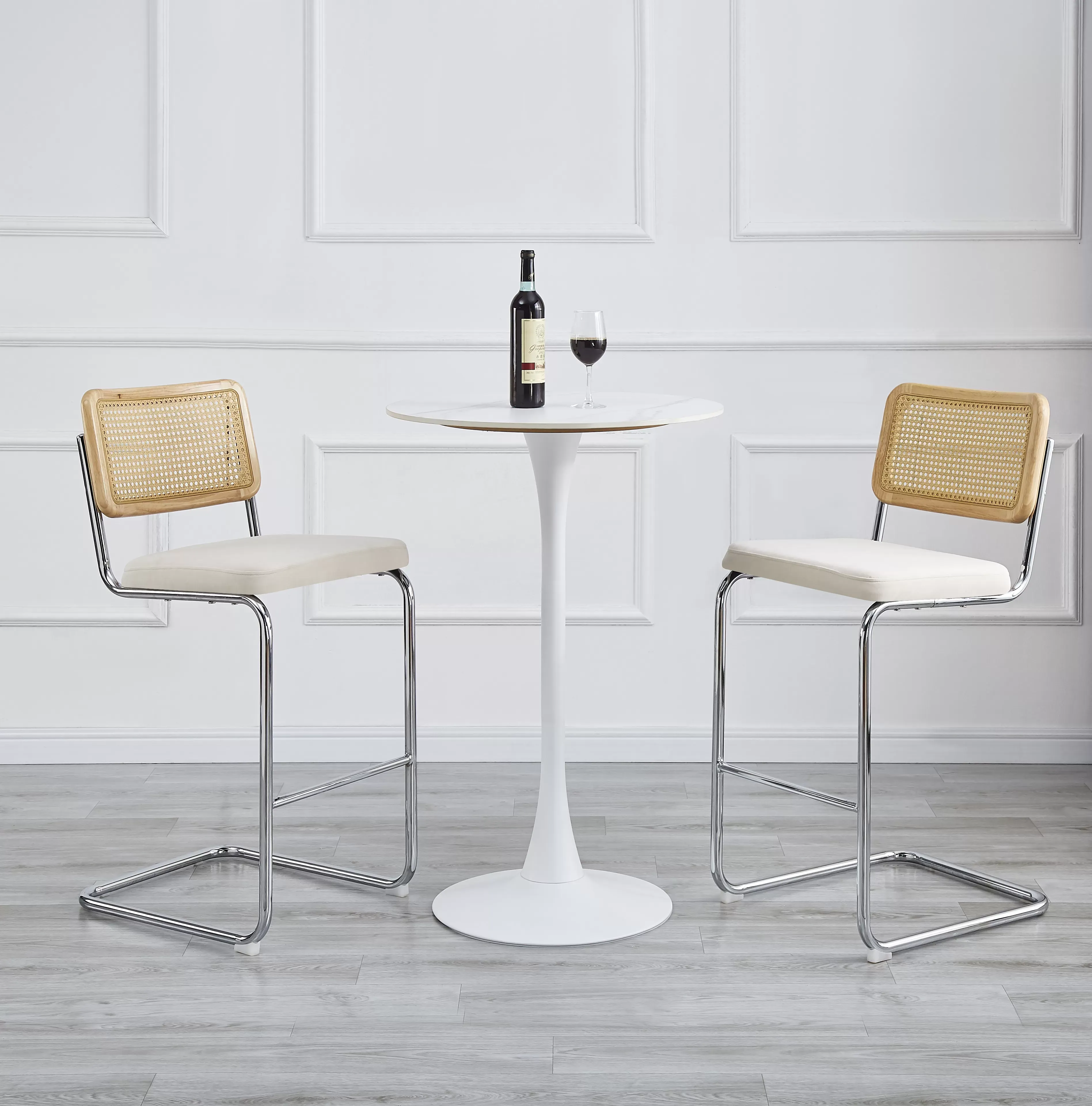 Illustration numéro 2 du produit Lot de 2 tabourets de bar en métal et cannage tissu beige