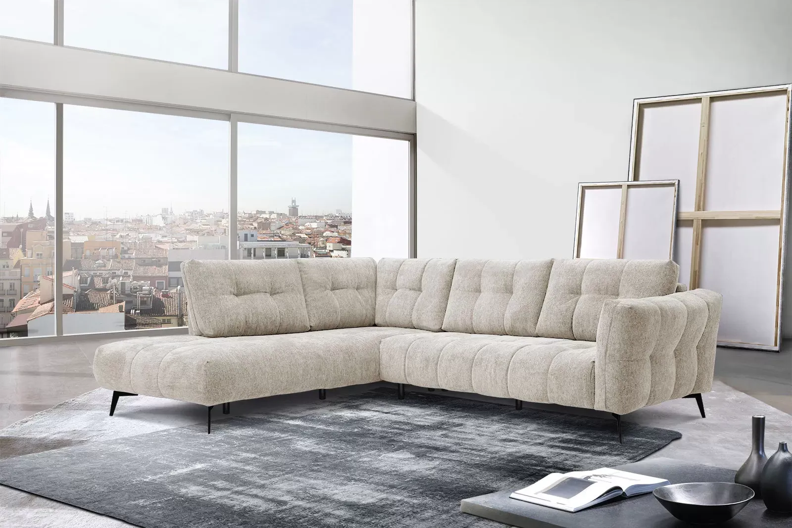 Illustration numéro 2 du produit Canapé d'angle gauche 5 places tissu beige