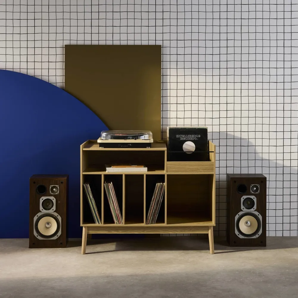 Illustration numéro 2 du produit Meuble vinyle vintage en mdf effet bois de frêne, 100 cm