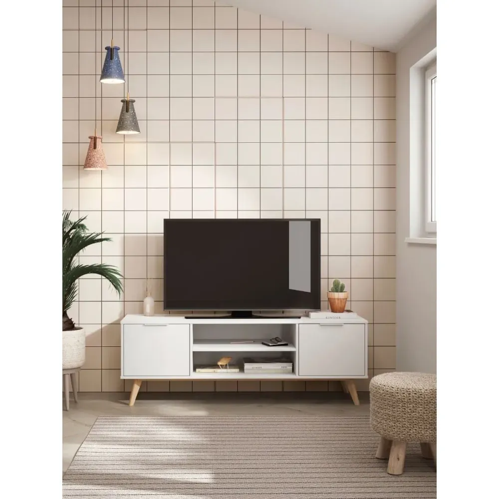 Illustration numéro 2 du produit Meuble TV 2 portes 2 niches blanc et pin massif - L140 cm