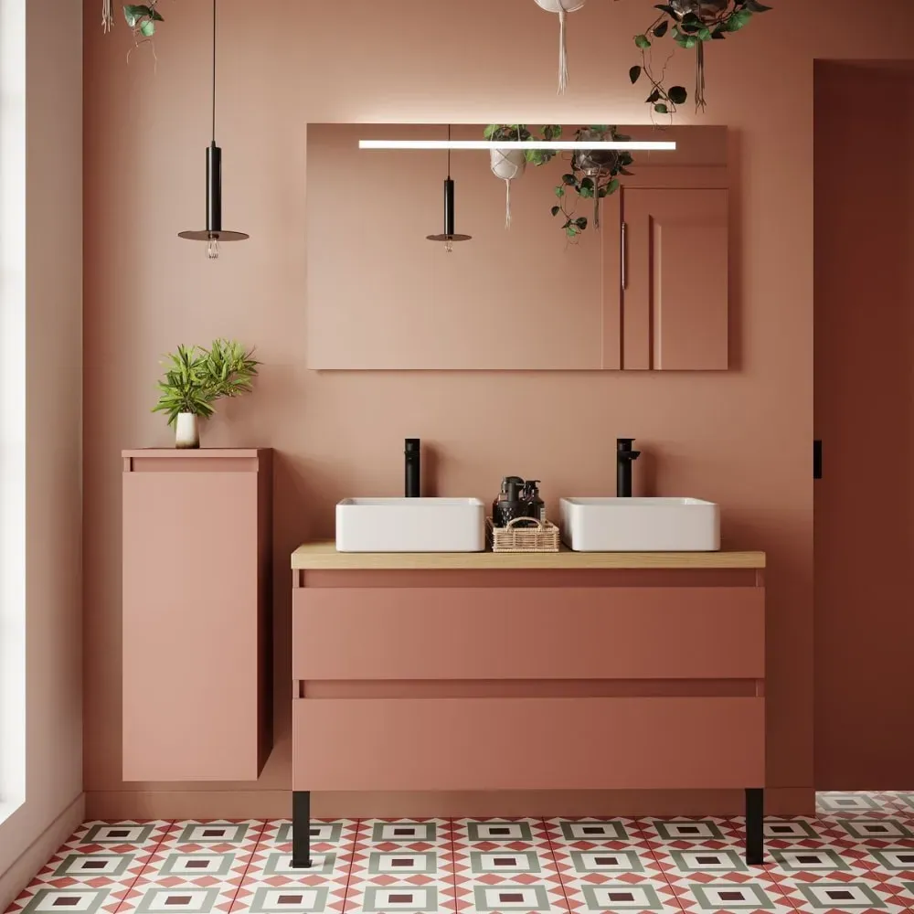 Illustration numéro 2 du produit Meuble salle de bain 2 vasques posées 120cm 2 tiroirs Abricot