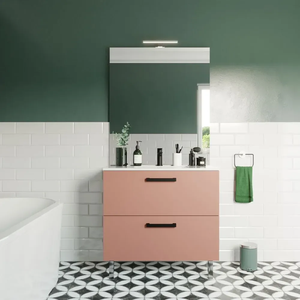 Illustration numéro 2 du produit Meuble salle de bain vasque intégrée 90cm 2 tiroirs Abricot