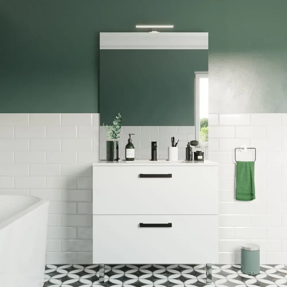 Illustration numéro 2 du produit Meuble salle de bain vasque intégrée 90cm 2 tiroirs Blanc