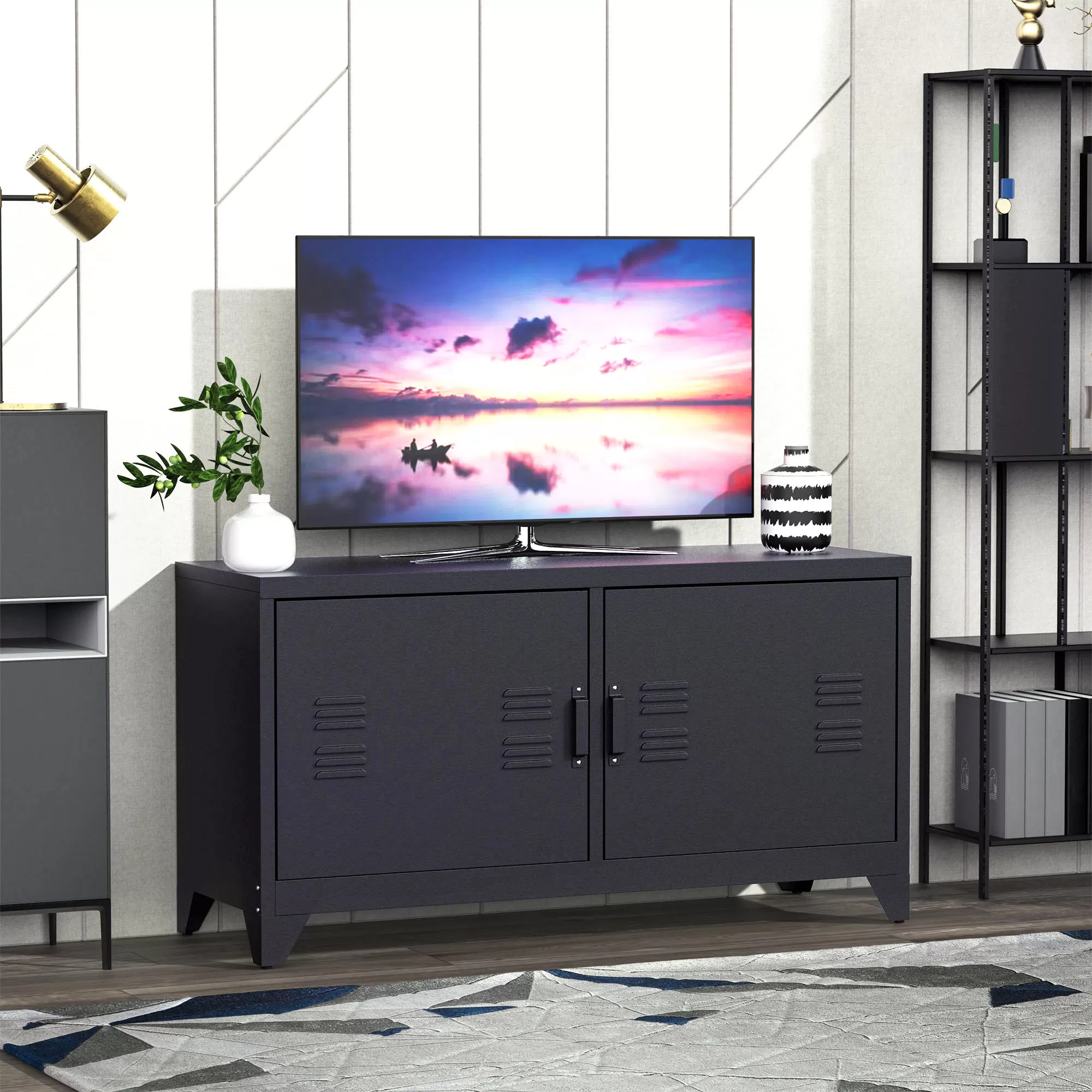 Illustration numéro 2 du produit Meuble tv design industriel - 2 placards, 2 étagères - tôle métal noir