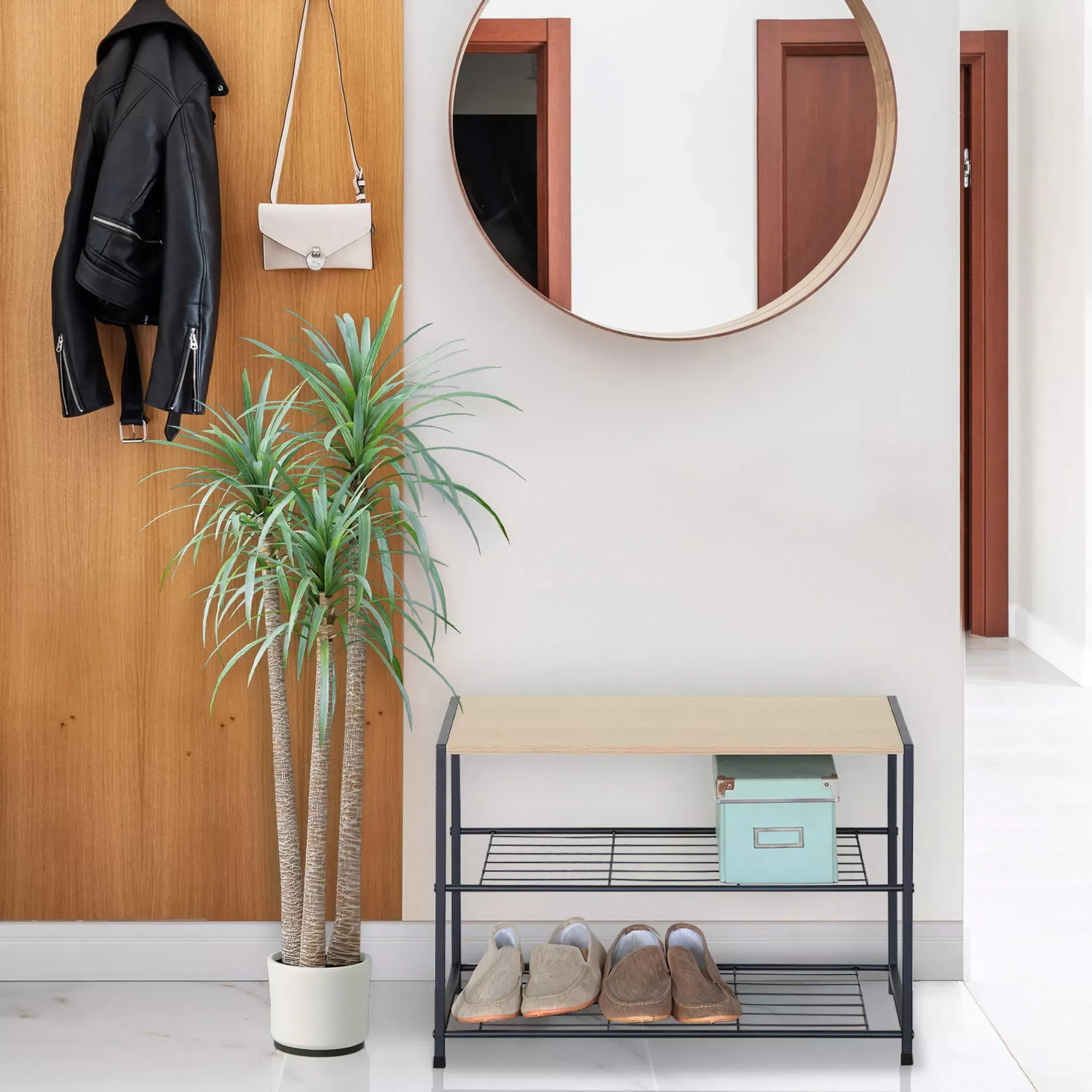 Illustration numéro 2 du produit Etagère à chaussures en aggloméré et métal 3 niveaux noir et beige