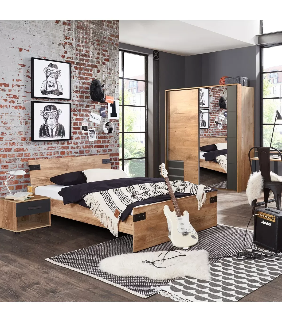 Illustration numéro 2 du produit Chevet 1 tiroir décor chêne et graphite - L46 cm