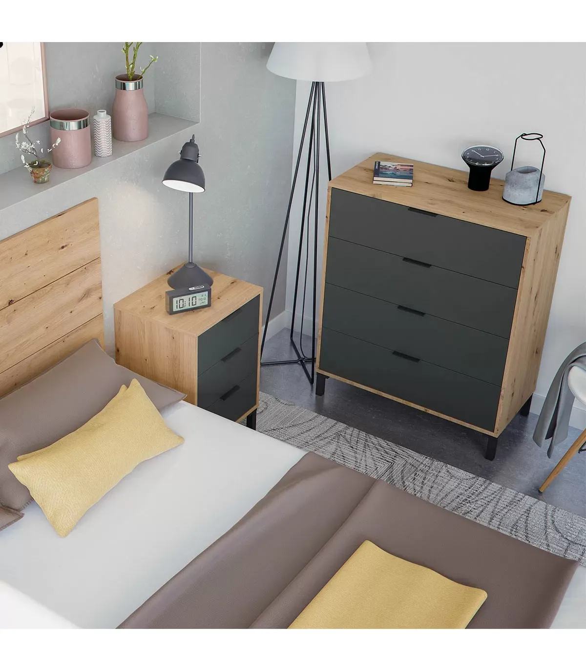 Illustration numéro 2 du produit Commode 4 tiroirs effet bois et gris anthracite - L77,5 x H93,5 cm