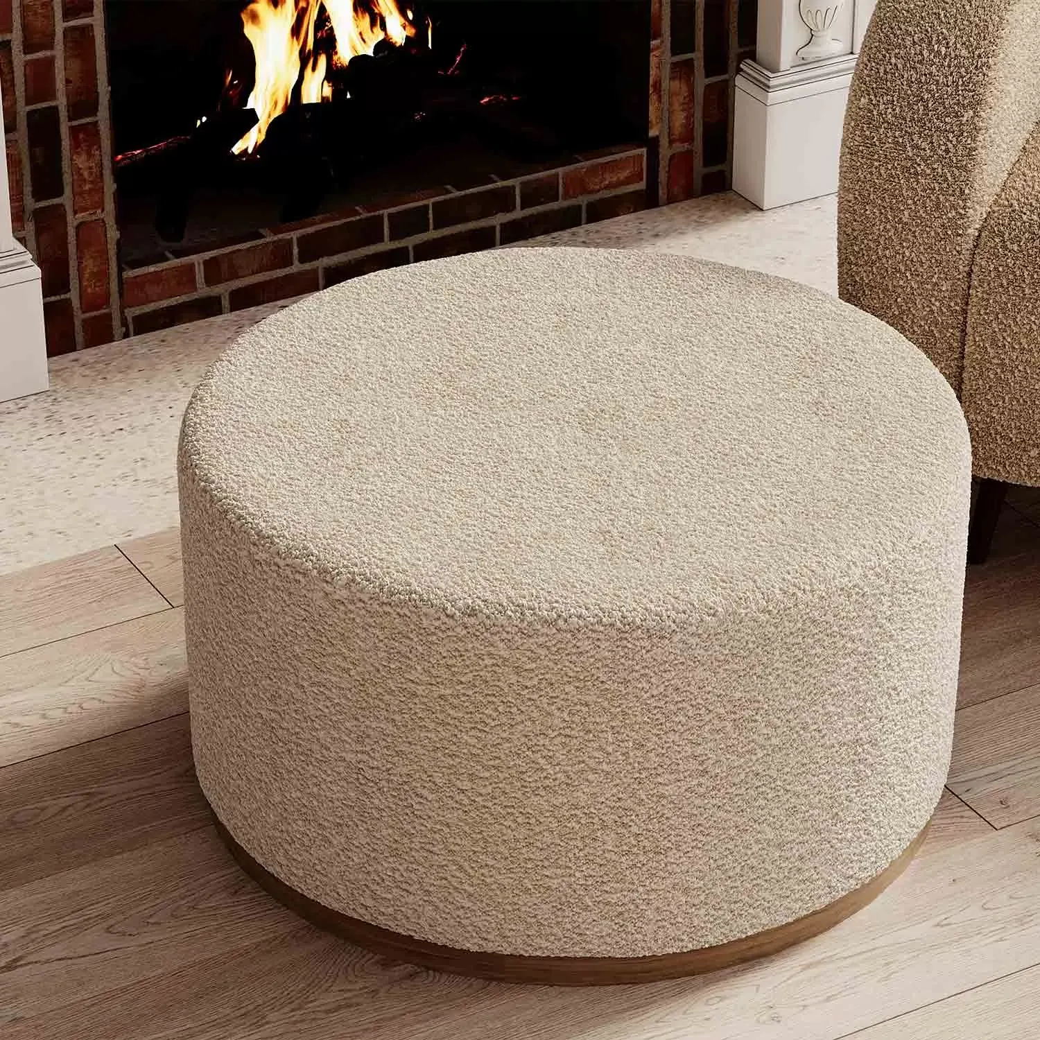 Illustration numéro 2 du produit Grand pouf rond ottoman en bouclette blanche