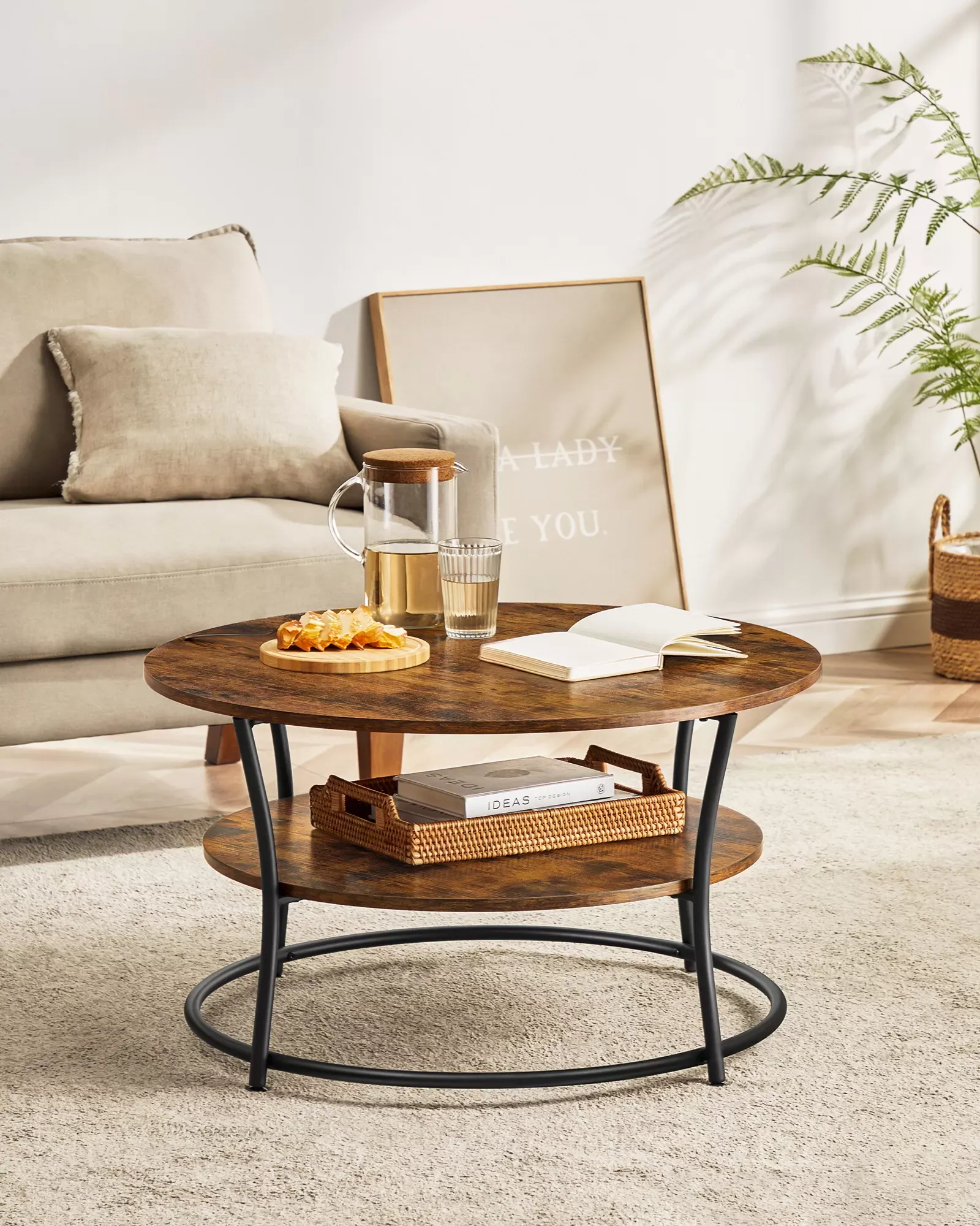 Illustration numéro 2 du produit Table basse table ronde effet bois marron rustique et noir