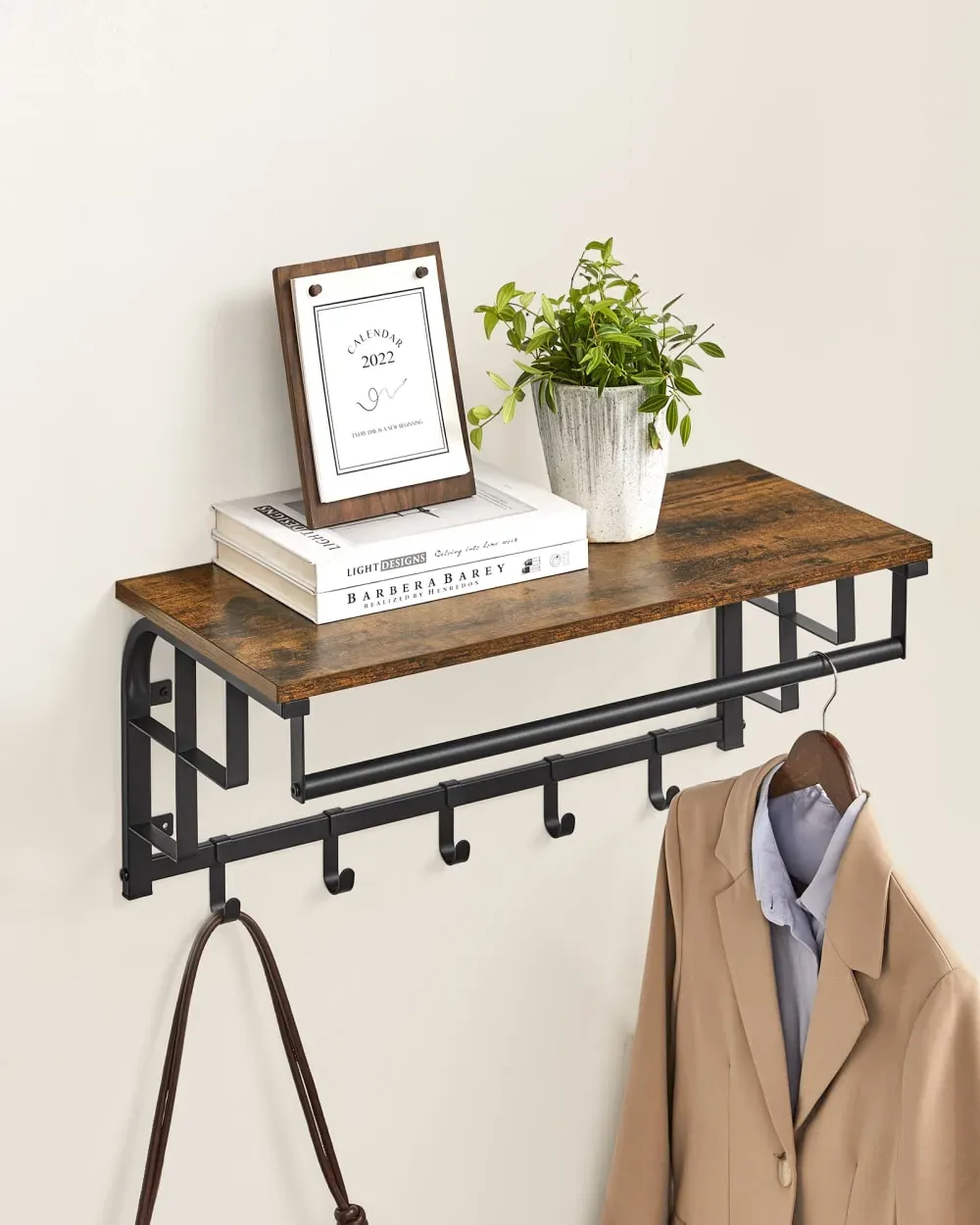 Illustration numéro 2 du produit Porte-manteau mural avec 5 crochets amovibles marron rustique et noir