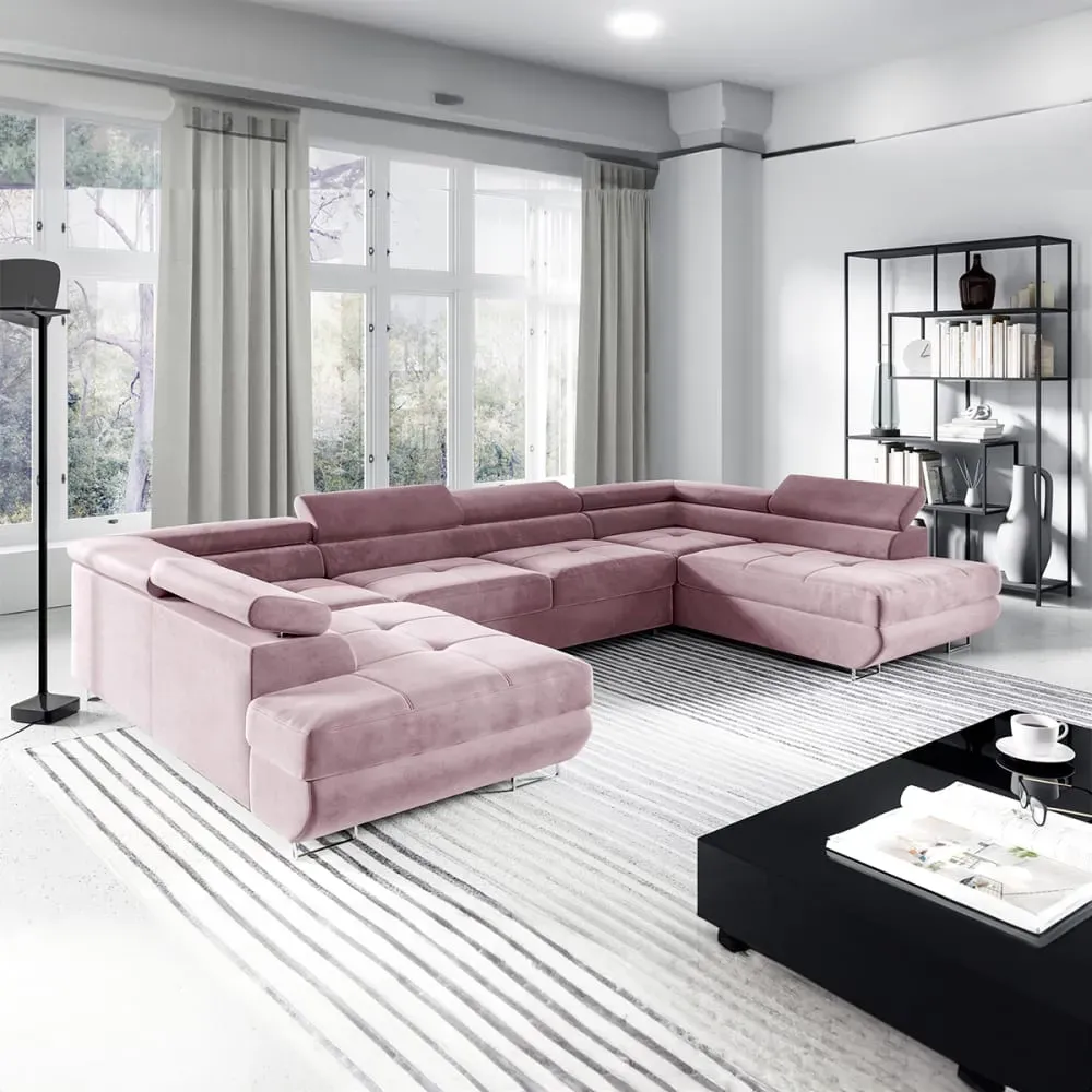 Illustration numéro 2 du produit Canapé panoramique 5 places convertible tissu rose