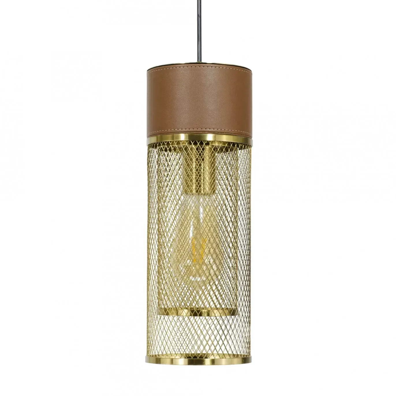 Illustration numéro 2 du produit Suspension D13 en métal grillagé doré et simili cuir marron
