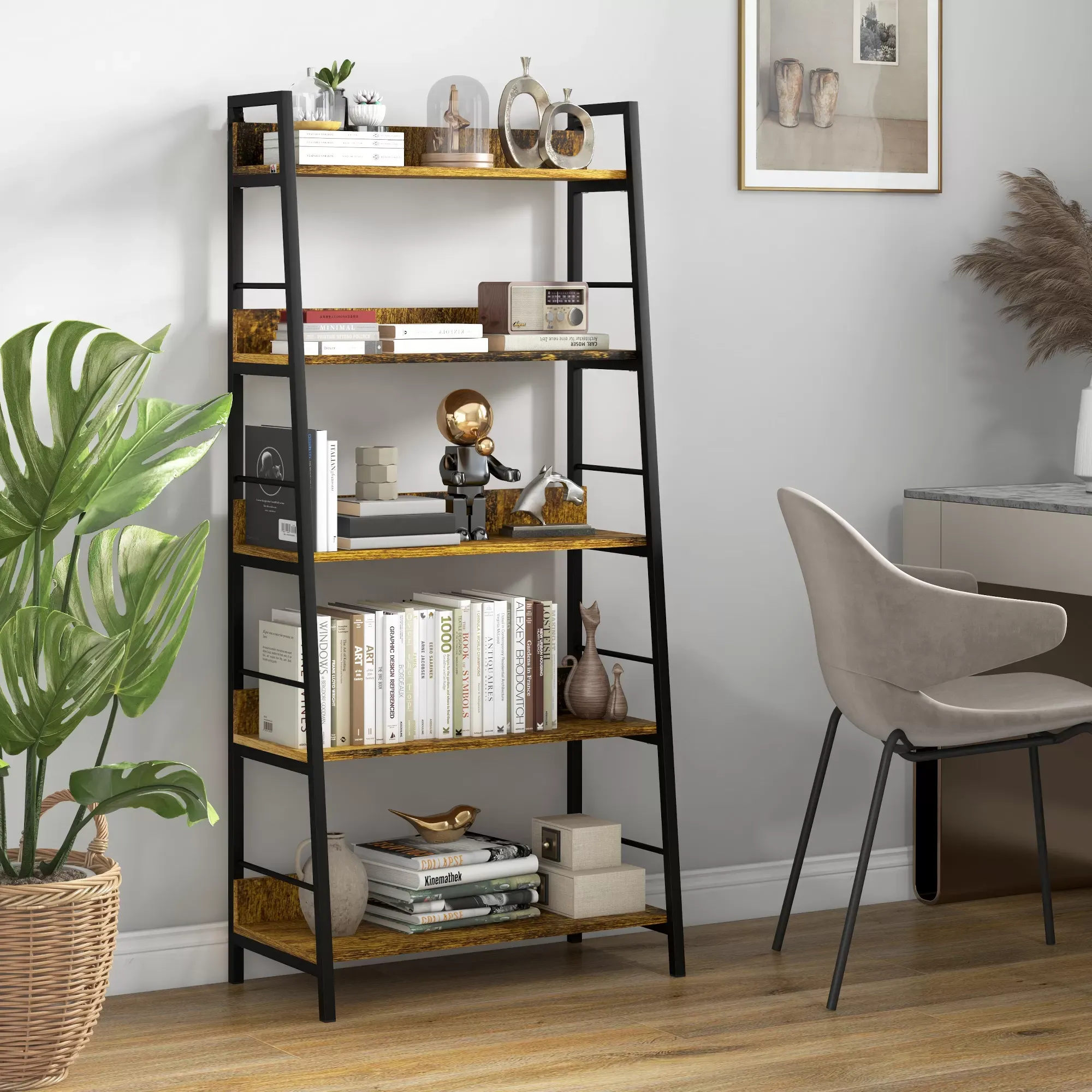 Illustration numéro 2 du produit Étagère bibliothèque style industriel incliné 5 niv. bois vieilli noir