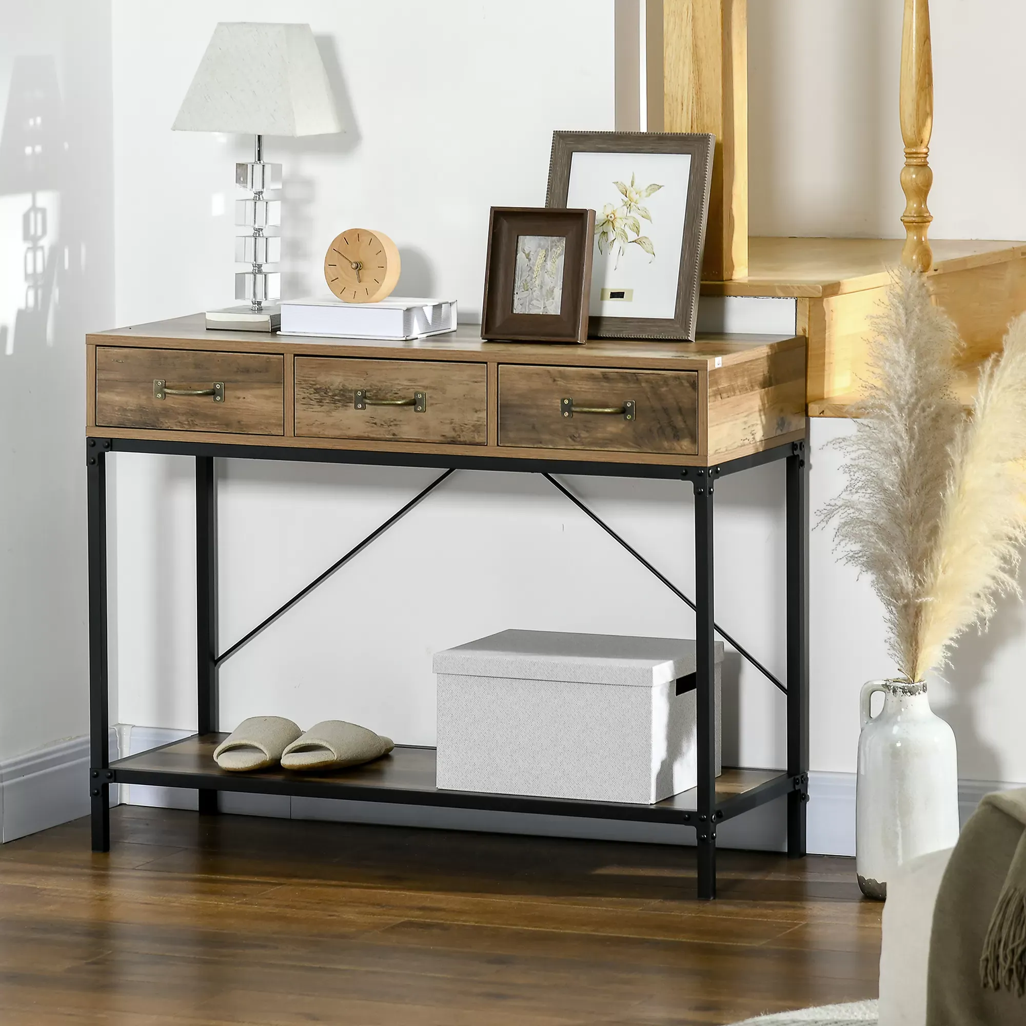 Illustration numéro 2 du produit Console style industriel 3 tiroirs étagère acier noir bois vieilli