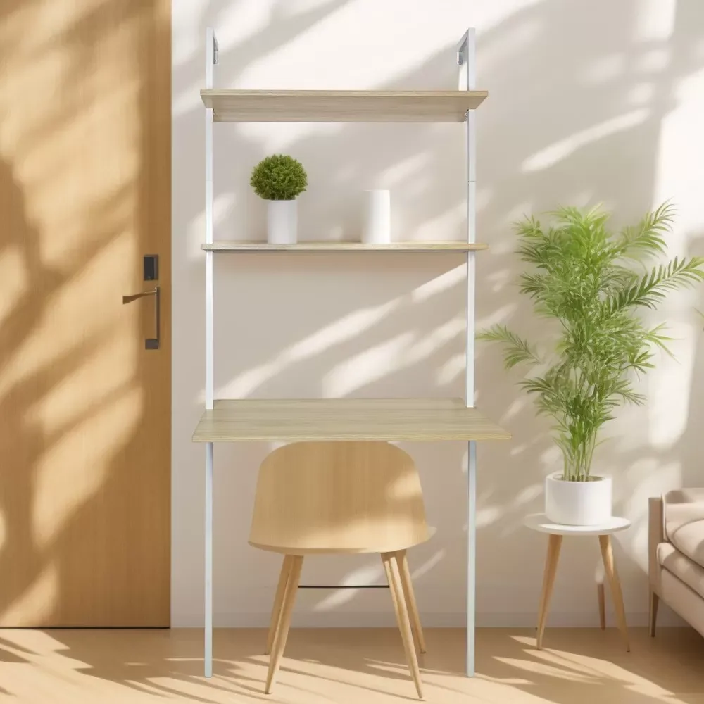 Illustration numéro 2 du produit Bureau mural 2 étagères bois et mélal blanc 76x51x185cm