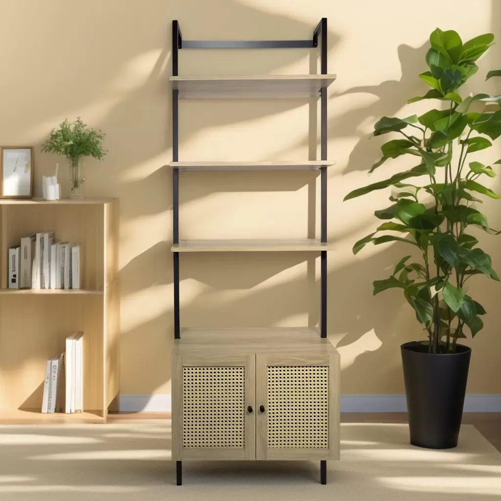 Illustration numéro 2 du produit Étagère murale en métal noir et bois 2 portes cannage 60x35x184 cm