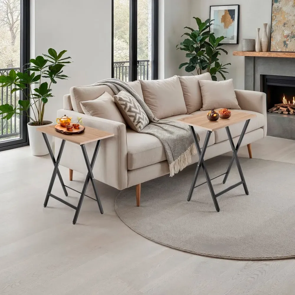 Illustration numéro 2 du produit Ensemble de 2 tables d’appoint pliables pieds réglables bois clair