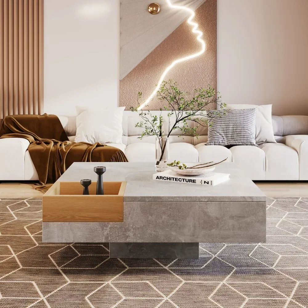 Illustration numéro 2 du produit Table basse carré gris et une boit de rangement bois nature72*72*30