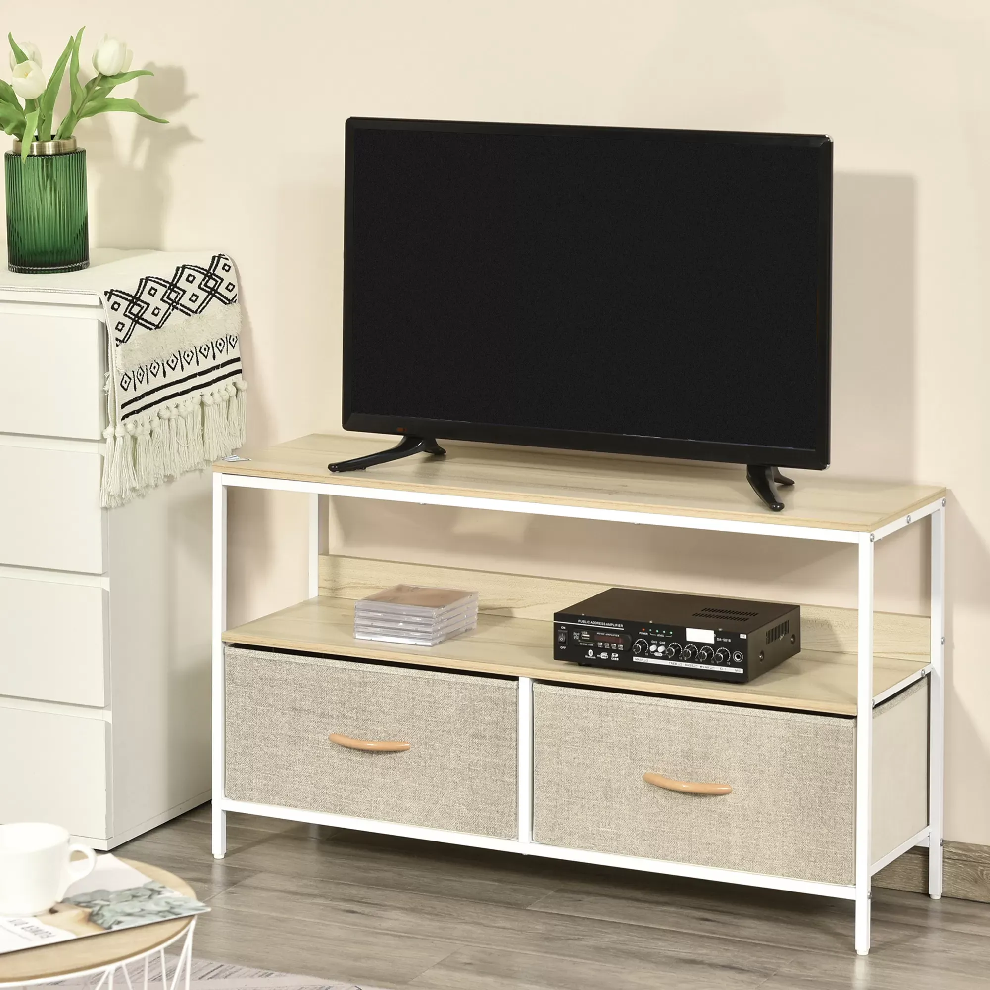 Illustration numéro 2 du produit Meuble TV industriel 2 tiroirs tissu gris acier MDF blanc bois clair