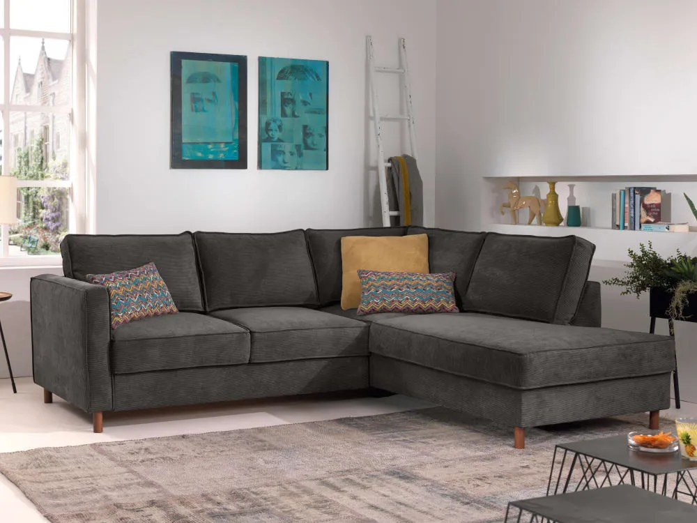 Illustration numéro 2 du produit Canapé d'angle droit convertible 5 places en velours côtelé gris foncé
