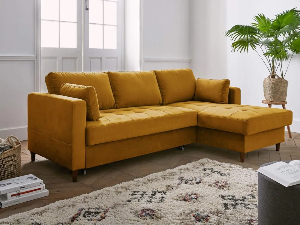 Illustration numéro 2 du produit Canapé d'angle droit convertible 4 places en velours jaune