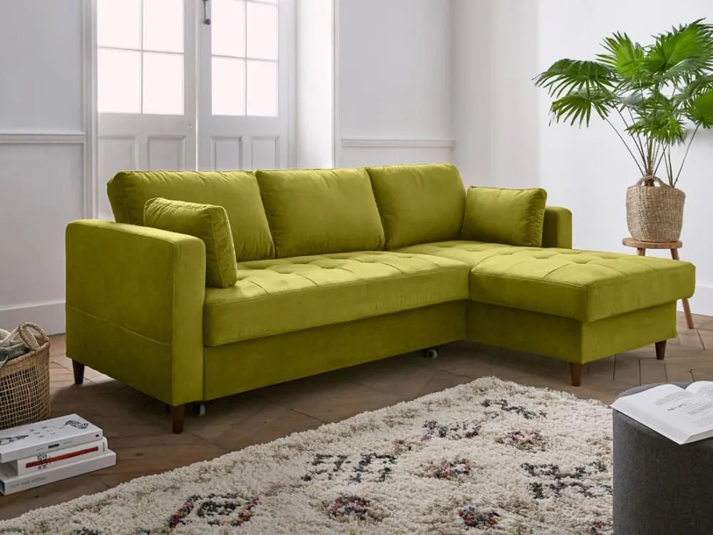 Illustration numéro 2 du produit Canapé d'angle droit convertible 4 places en velours vert olive