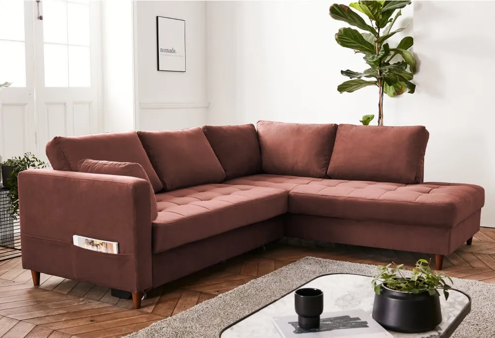 Illustration numéro 2 du produit Canapé d'angle droit convertible 5 places en velours rose