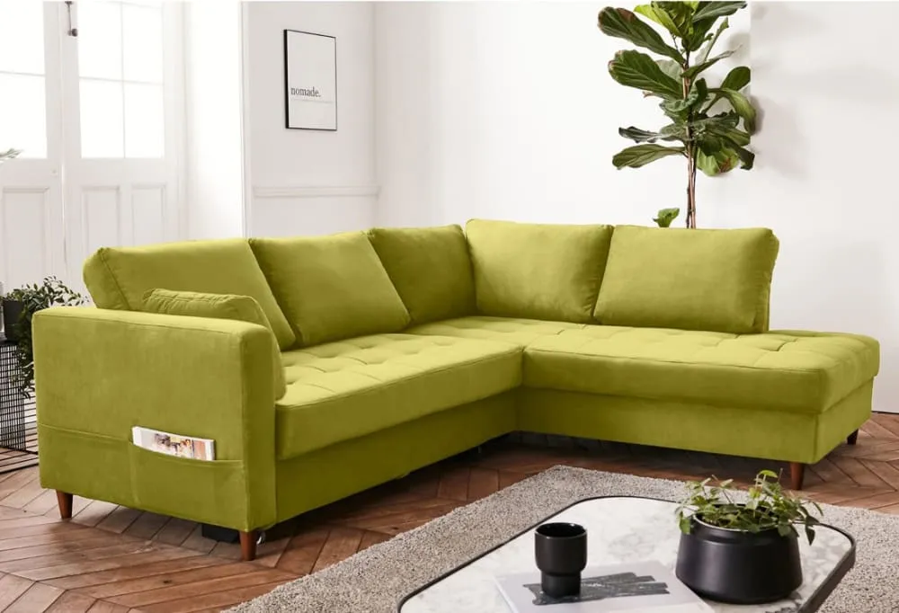 Illustration numéro 2 du produit Canapé d'angle droit convertible 5 places en velours vert olive