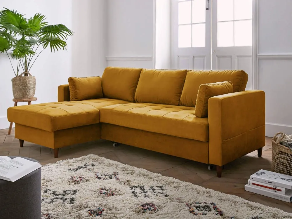 Illustration numéro 2 du produit Canapé d'angle gauche convertible 4 places en velours jaune