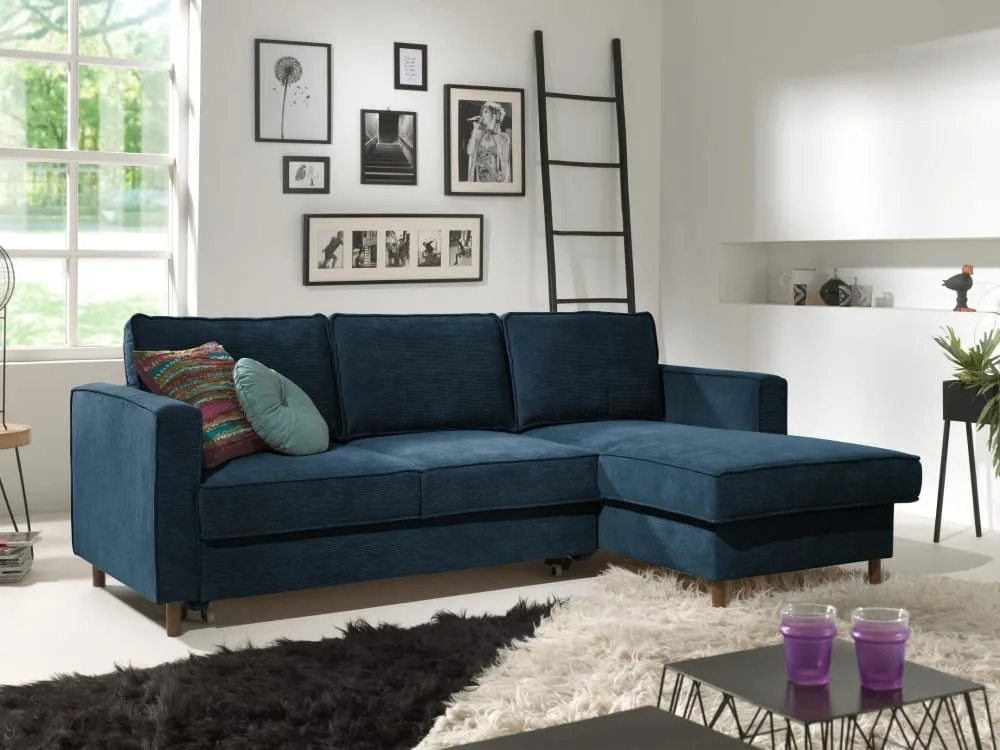 Illustration numéro 2 du produit Canapé d'angle droit convertible 4 places en velours côtelé bleu