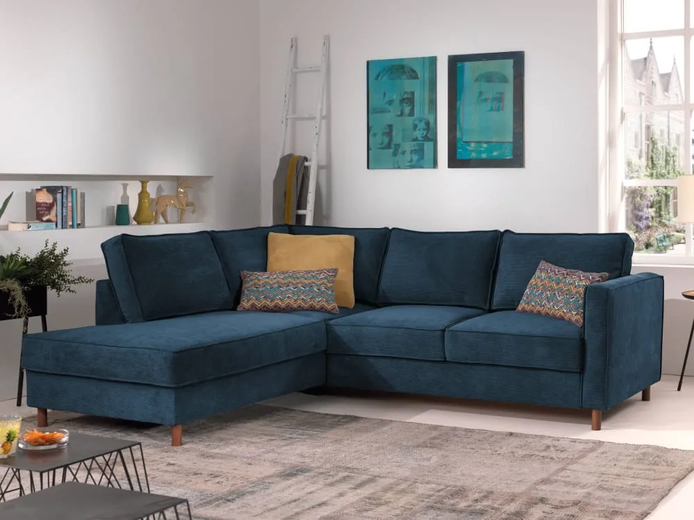 Illustration numéro 2 du produit Canapé d'angle gauche convertible 5 places en velours côtelé bleu