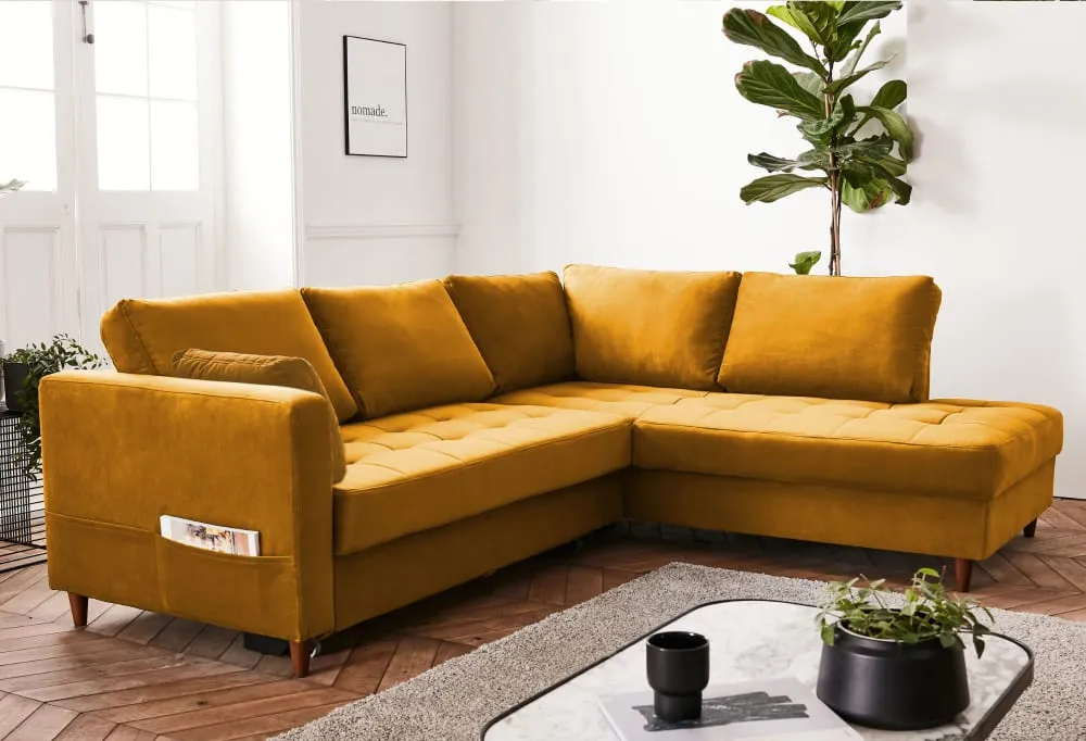 Illustration numéro 2 du produit Canapé d'angle droit convertible 5 places en velours jaune