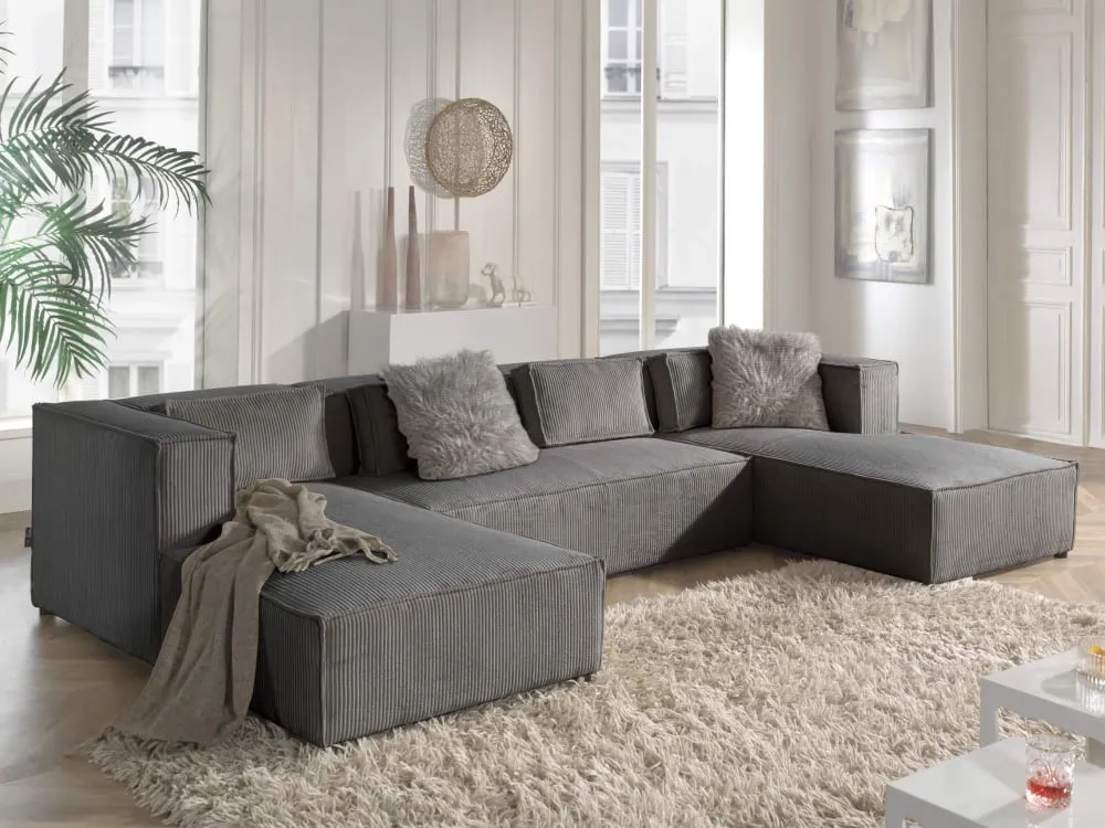 Illustration numéro 2 du produit Canapé panoramique 7 places en u en velours côtelé gris foncé
