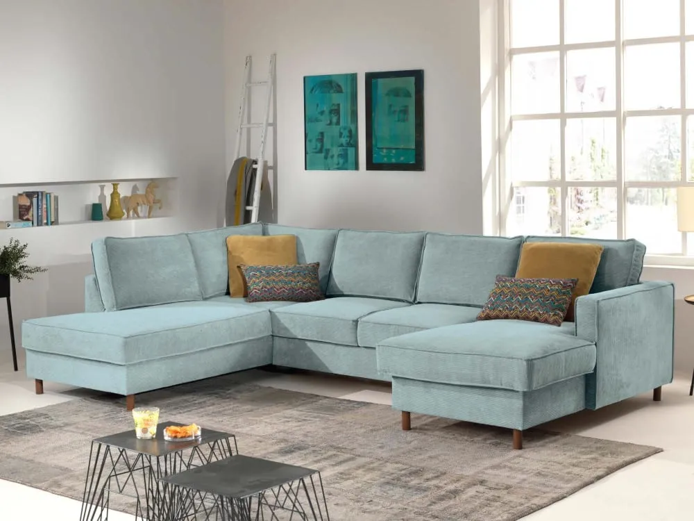 Illustration numéro 2 du produit Canapé panoramique 7 places angle gauche en velours côtelé bleu