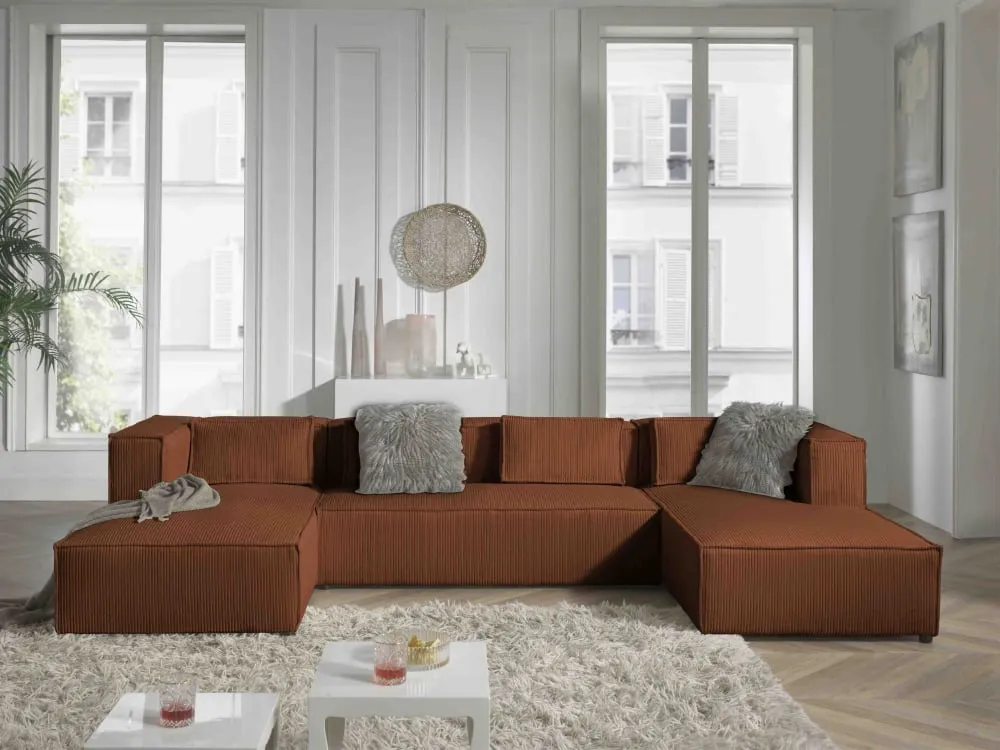 Illustration numéro 2 du produit Canapé panoramique 7 places en u en velours côtelé terracotta