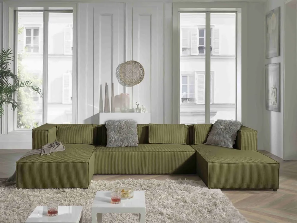 Illustration numéro 2 du produit Canapé panoramique 7 places en u en velours côtelé vert