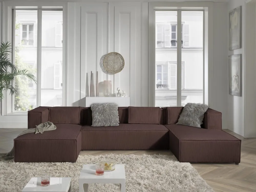 Illustration numéro 2 du produit Canapé panoramique 7 places en u en velours côtelé marron