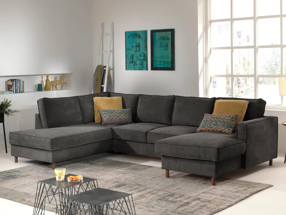 Illustration numéro 2 du produit Canapé panoramique 7 places angle gauche en velours côtelé gris foncé